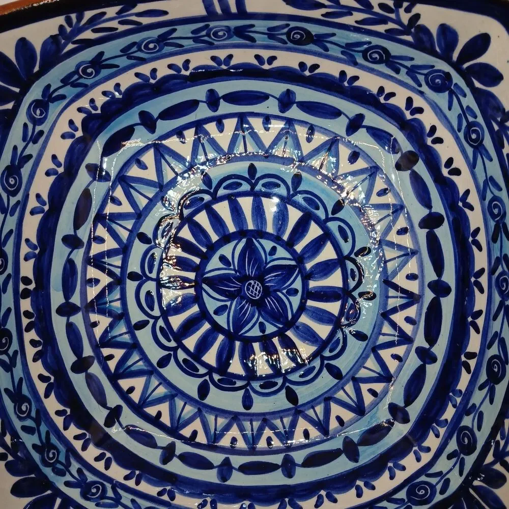 Olaria S.P Corval Bowl Hand Painted Blue & White Terracotta Mandela Pattern 9x9